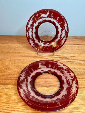 Set of 2 Vintage Egermann Red Bohemian  Stag  in  Forest 7"  Salad Plates